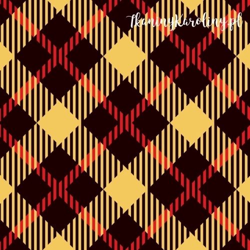 TKANINA WODOODPORNA OXFORD D Krata szkocka, tartan - czarno-czerwone romby na żółtym tle