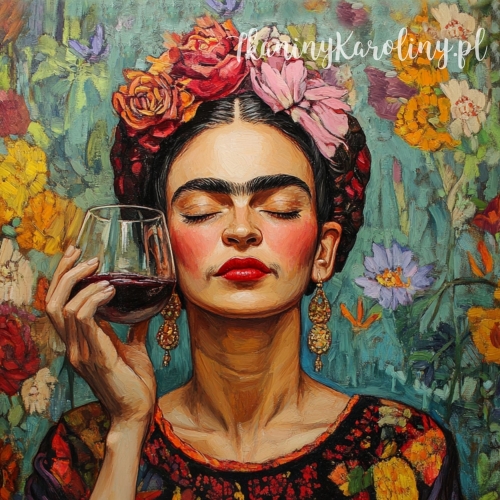 Panel wodoodporny - Frida Kahlo - kieliszek wina, kwiecista tapeta w tle [6-8]