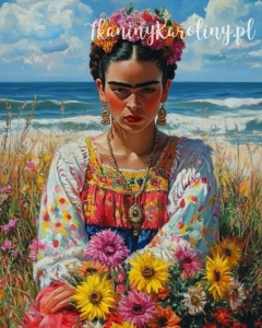 Panel wodoodporny 40x50cm - Frida Kahlo - na tle morza, kwietna łąka [6-8]