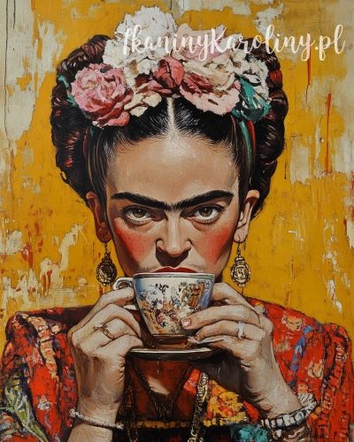 Panel wodoodporny 40x50cm - Frida Kahlo - z białą filiżanką na pomarańczowym tle [6-8]