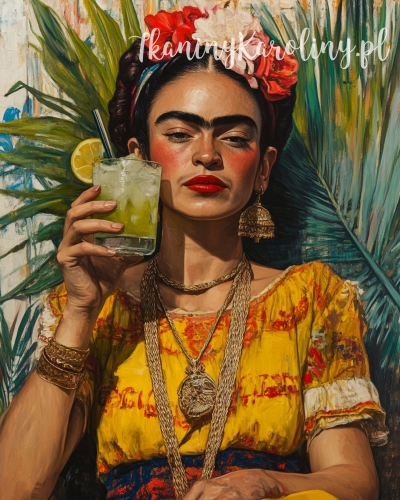 Panel wodoodporny 40x50cm - Frida Kahlo - koktajl z limonkąna tle liści palmowych [6-8]