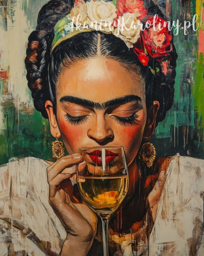 Panel wodoodporny 40x50cm - Frida Kahlo - kieliszek białego wina, przymknięte oczy na zielonym tle [6-8]