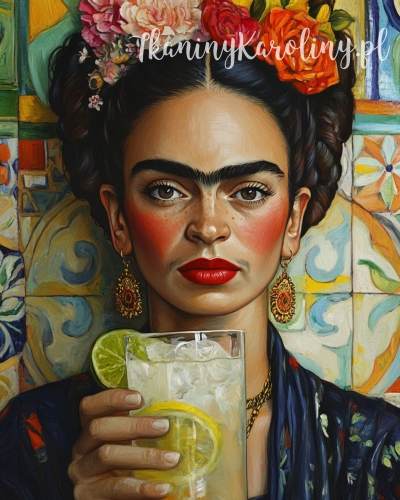Panel wodoodporny 40x50cm - Frida Kahlo - koktajl z limonką i cytryną z kafelkami w tle
