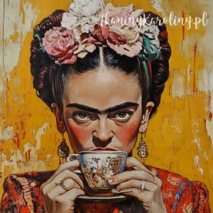Panel wodoodporny - Frida Kahlo - z białą filiżanką na pomarańczowym tle [6-8]