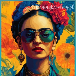 Panel welurowy - Frida Kahlo - twarz w okularach na tle pomarańczowych kwiatów [6-8]