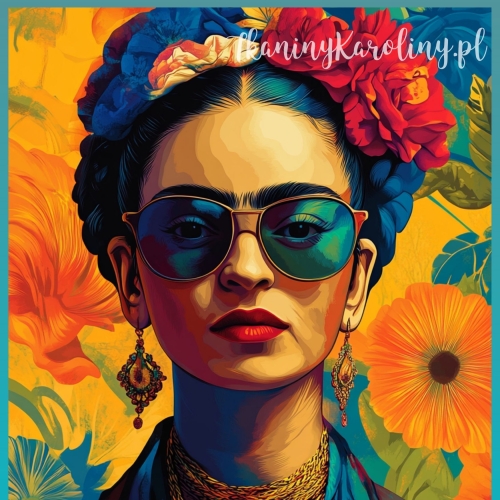 Panel welurowy - Frida Kahlo - twarz w okularach na tle pomarańczowych kwiatów [6-8]