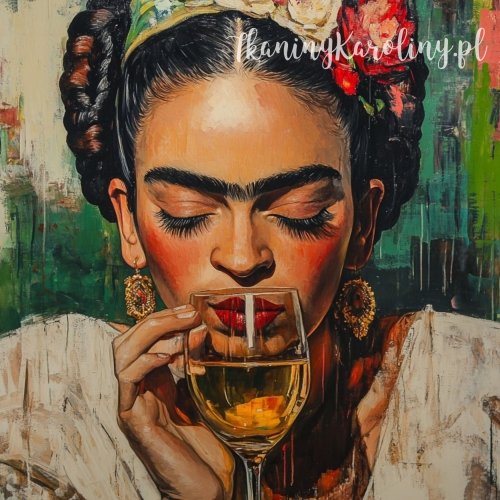Panel welurowy - Frida Kahlo - kieliszek białego wina, przymknięte oczy na zielonym tle [6-8]