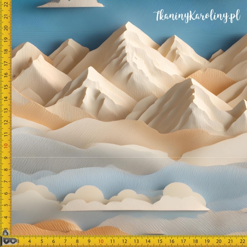 WELUR TAPICERSKI DRUKOWANY Góry 3D 14 - Kremowe z błękitnym niebem