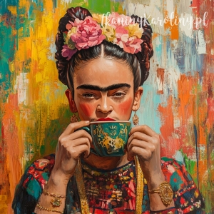OD RĘKI Panel welurowy - Frida Kahlo - z turkusową filiżanką -50x50