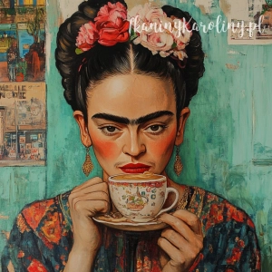 Panel wodoodporny - Frida Kahlo - z białą filiżanką na turkusowym tle [6-8] 